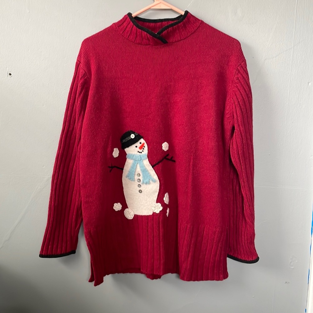 Susan Bristol Red Sweater with Snowman Design